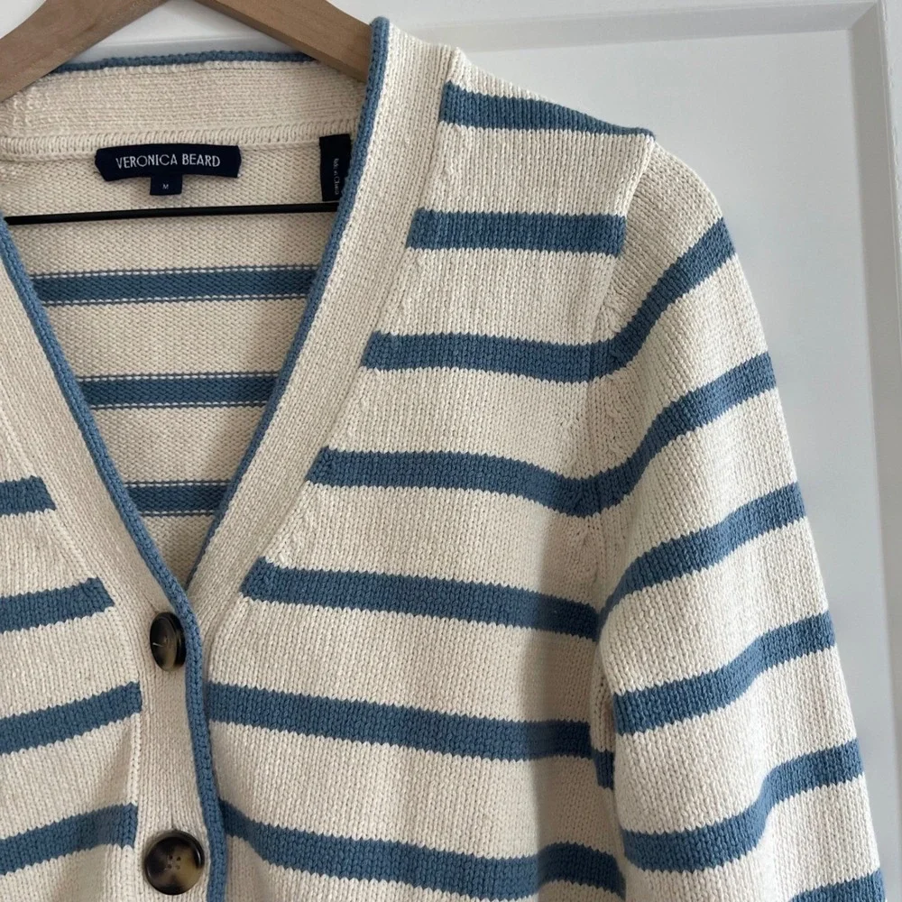 Veronica Beard Noorie Cardigan Sz Medium Ivory Blue Striped Cotton Chic Classic - Picture 6 of 16